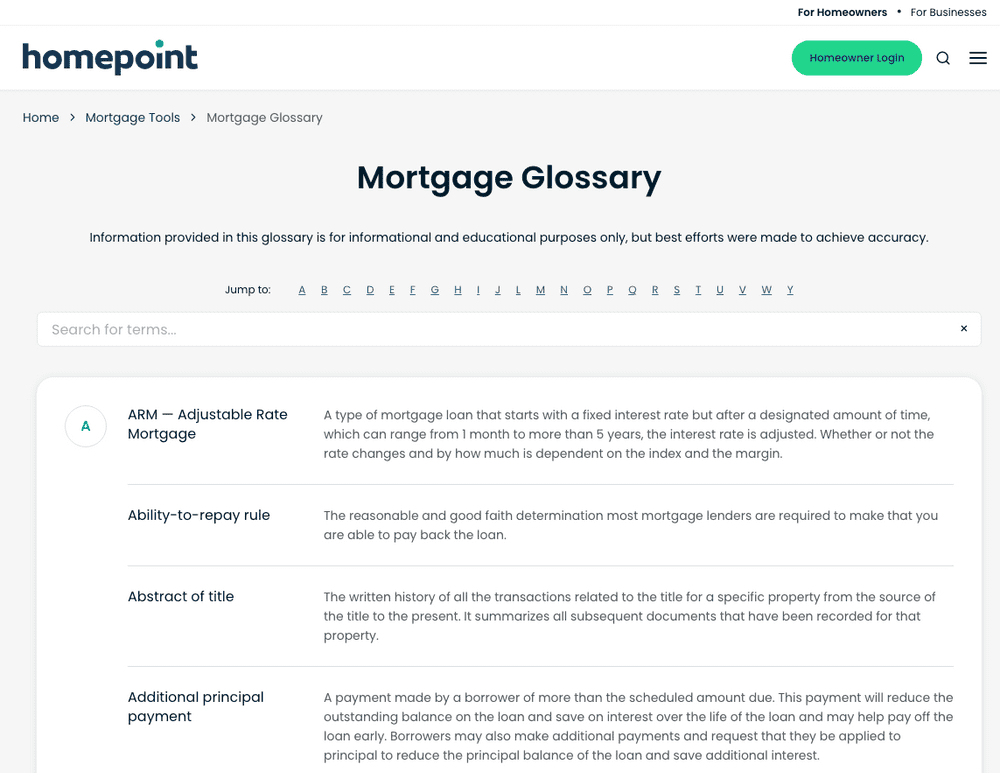 Homepoint website mortgage glossary