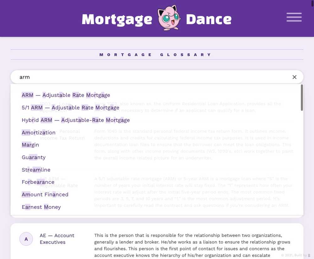 Mortgage Dance: Glossary with search