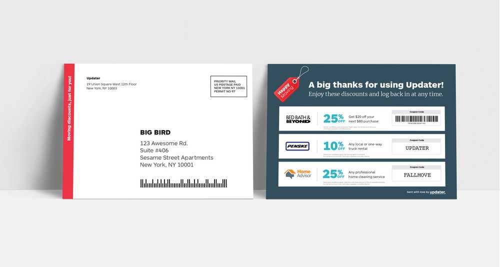 Postcard direct mailer with coupon codes